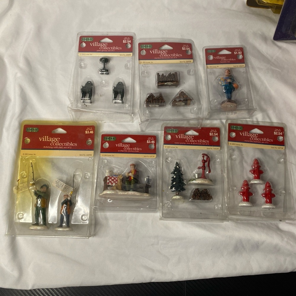 Lot Of Vintage Lemax Christmas Village Collectibles Fishing, Patio, Fire Hydrant